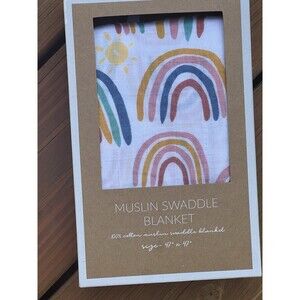 Boutique Mud Pie Rainbow Print Muslin Swaddle Blanket 47 X 47 New In Gift Box